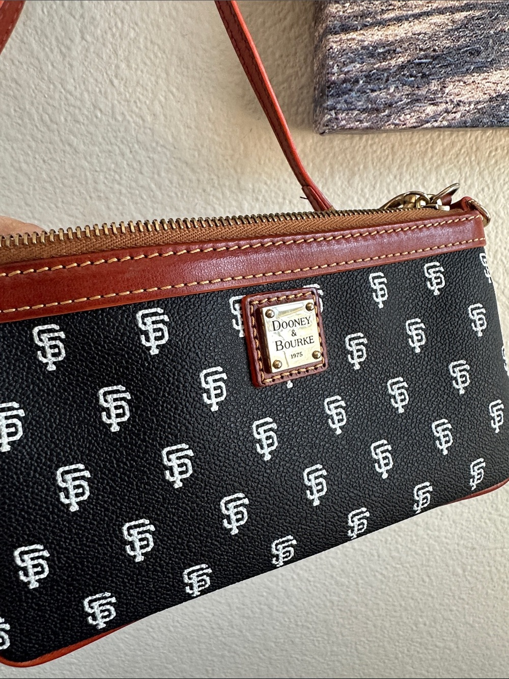 Dooney & Bourke Vintage Black SF Monogram Wristlet Brown Trim and Gold Plaque